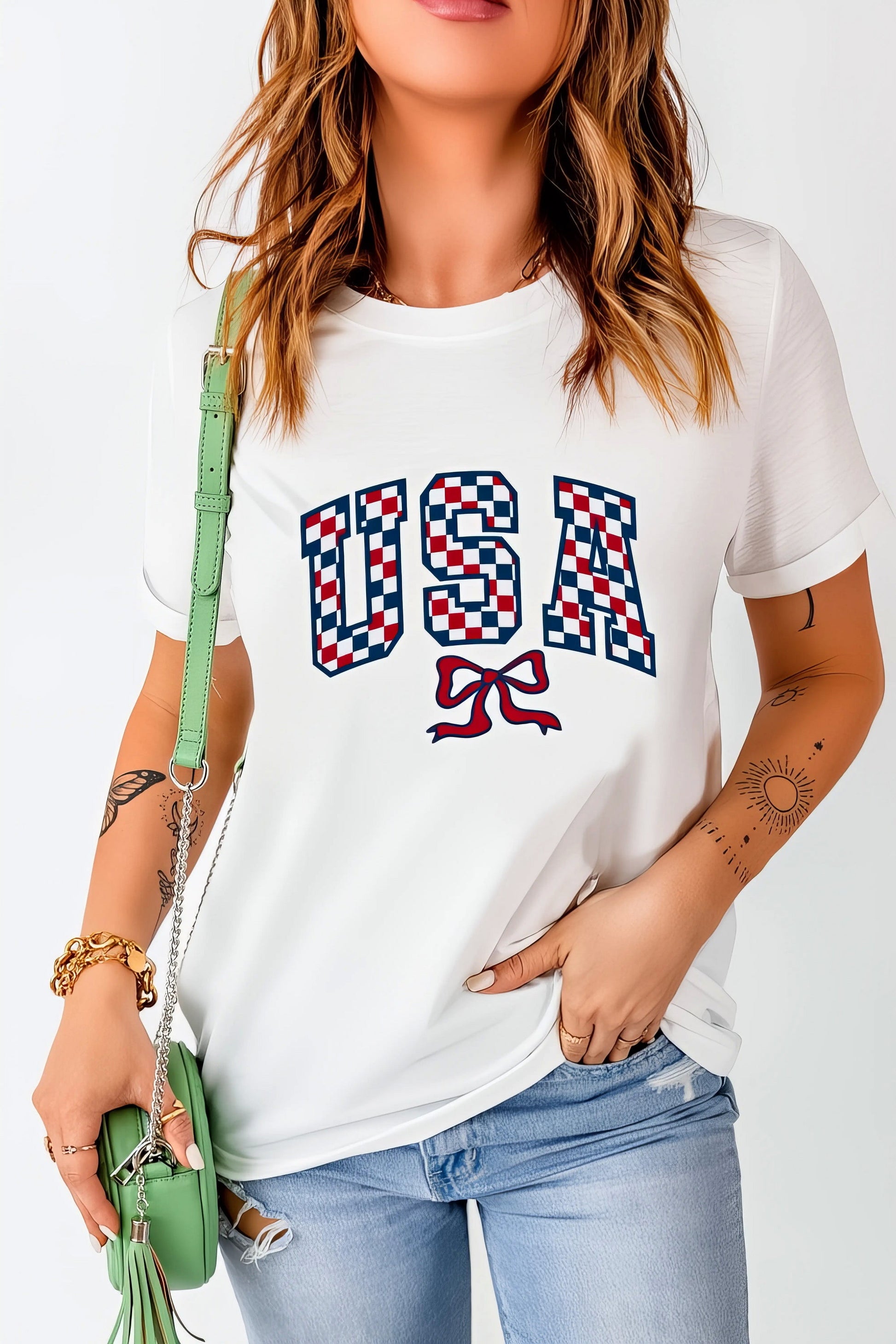Checkered USA Graphic Round Neck Tee