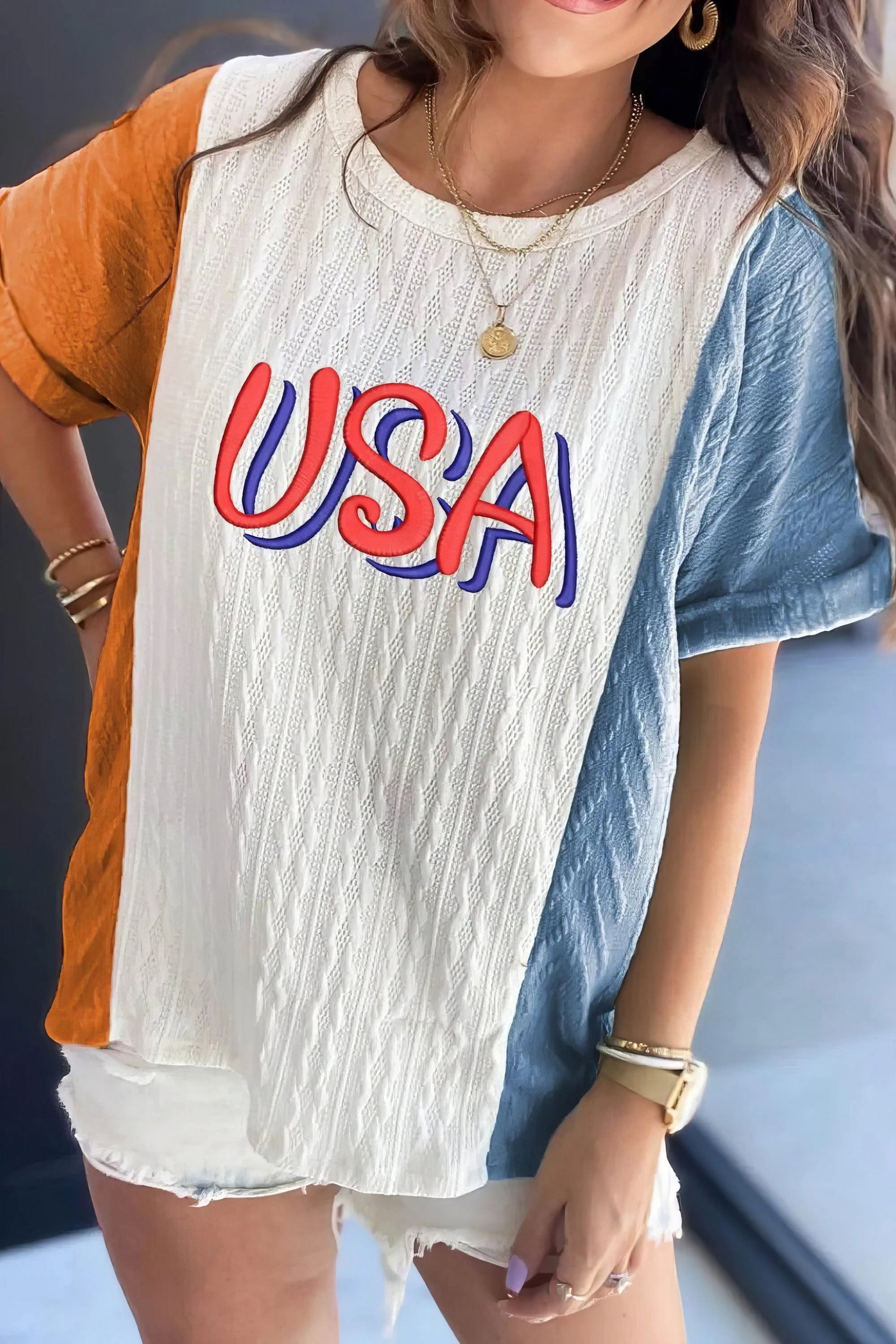USA Embroidered Cable Textured Knit Cuffed Sleeve Color Block Tee