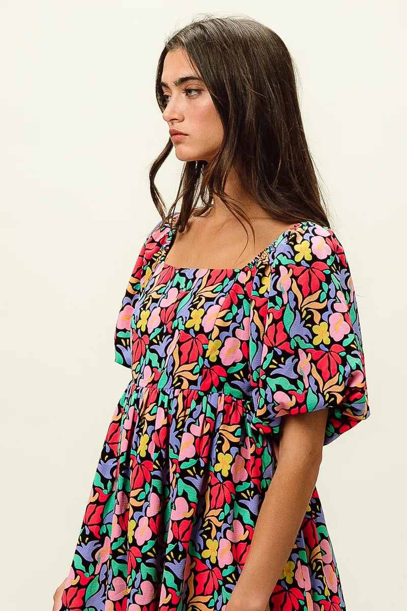 Floral Print Ruffled Hem Dress - Cutout & Tied.