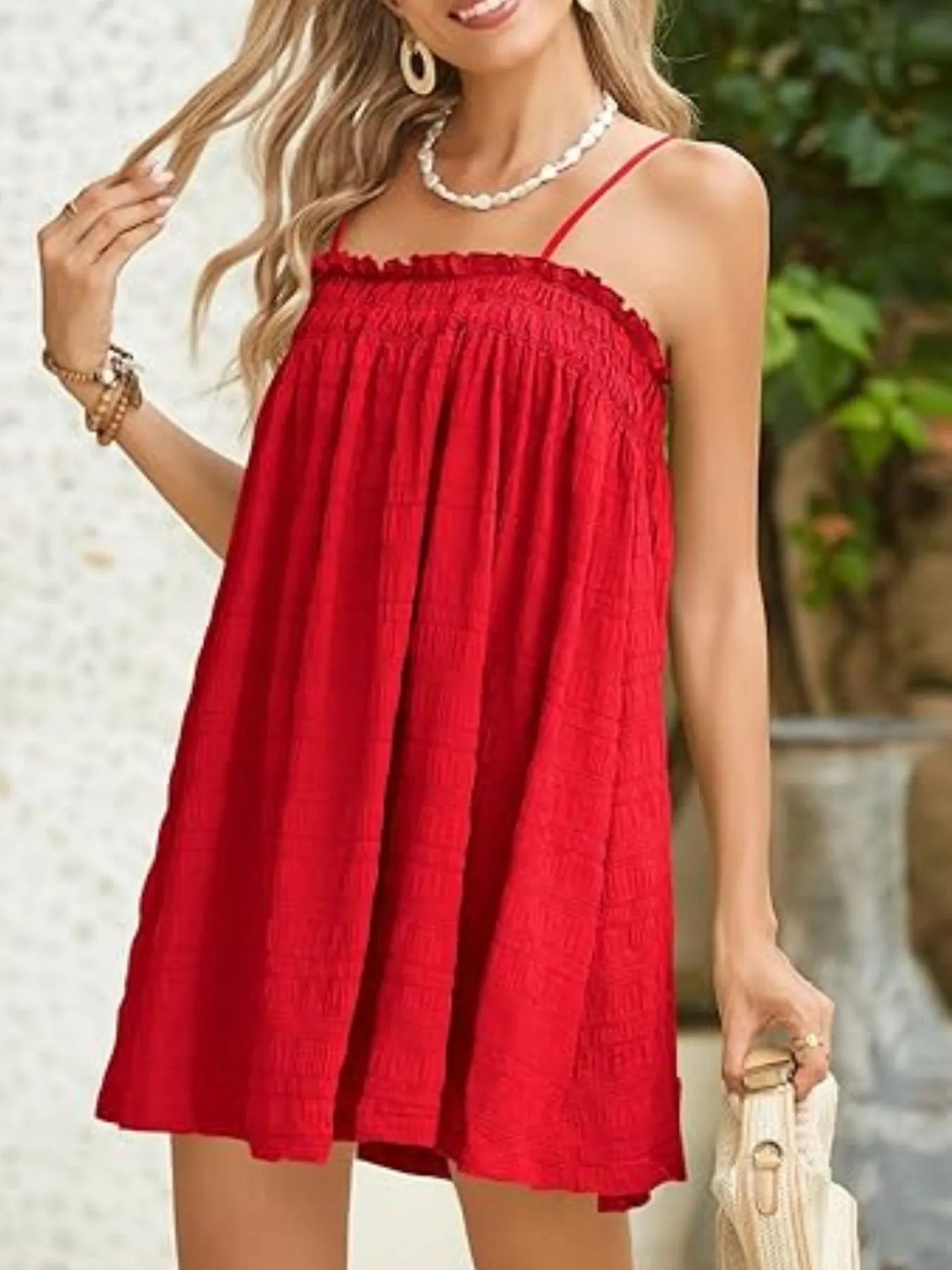 Frill Tiered Tie Shoulder Mini Dress - Lined.