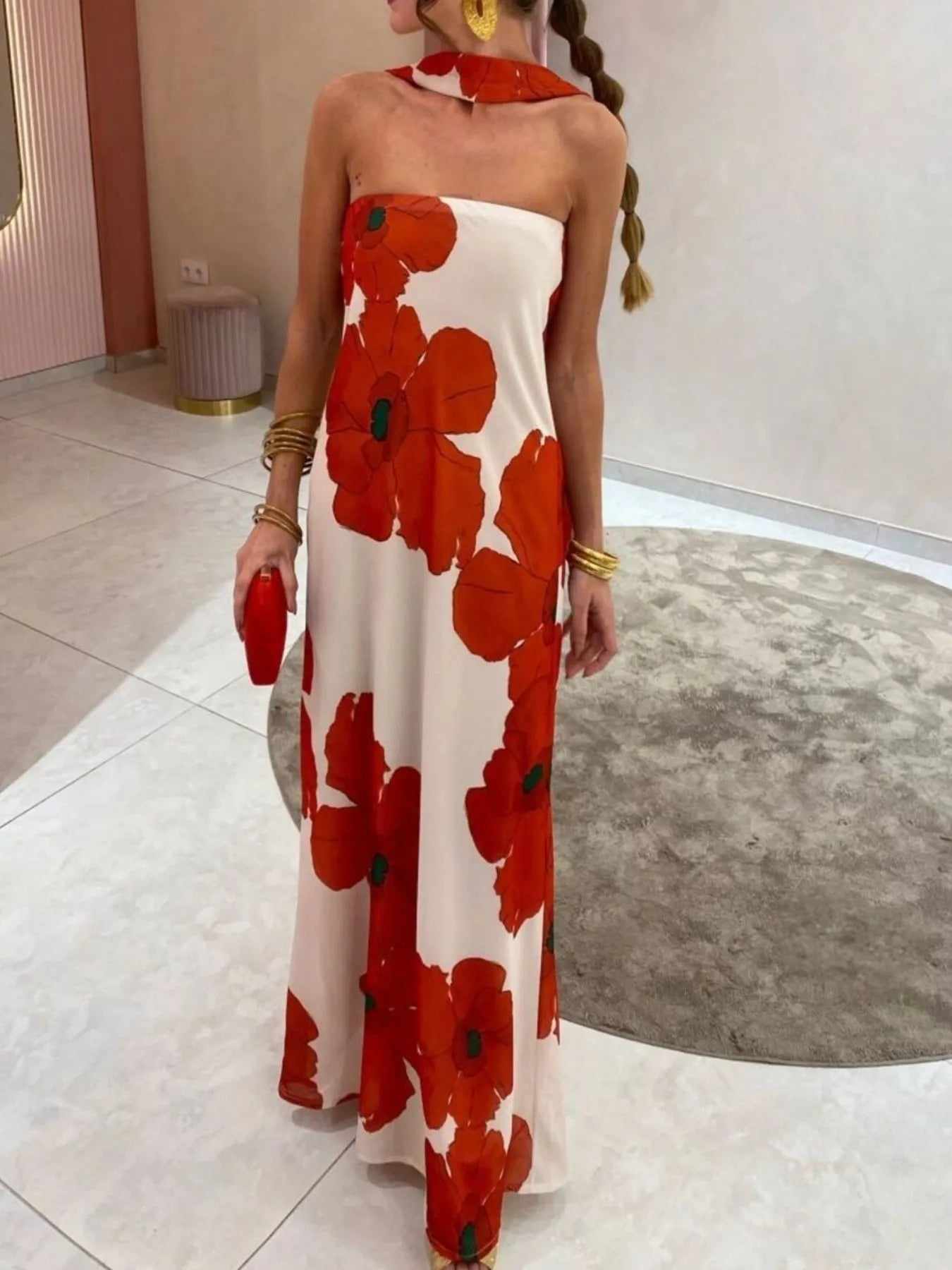 Printed V-Neck Cami Dress - Backless & Cutout.