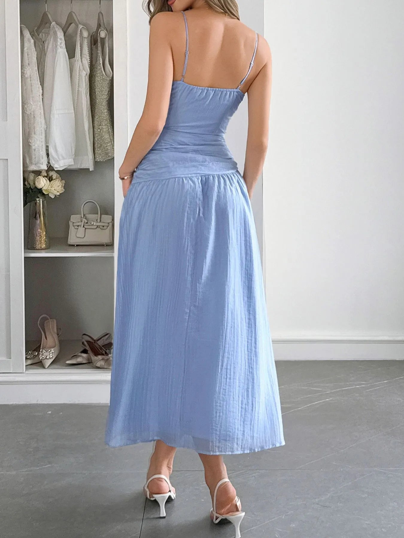 Cutout V-Neck Sleeveless Midi Dress - Ruched.