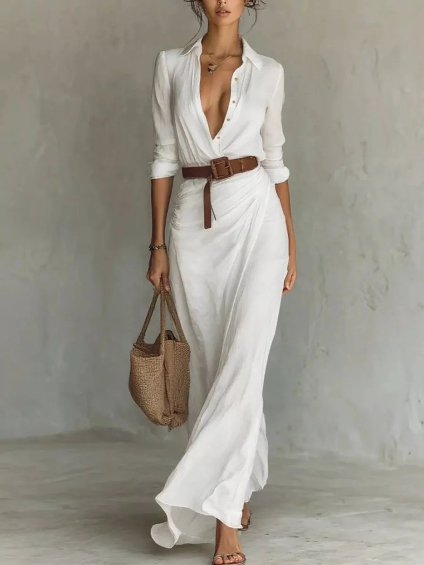 Plus-size khaki, black, white and navy V-neck ruched maxi dress with long sleeves and belt