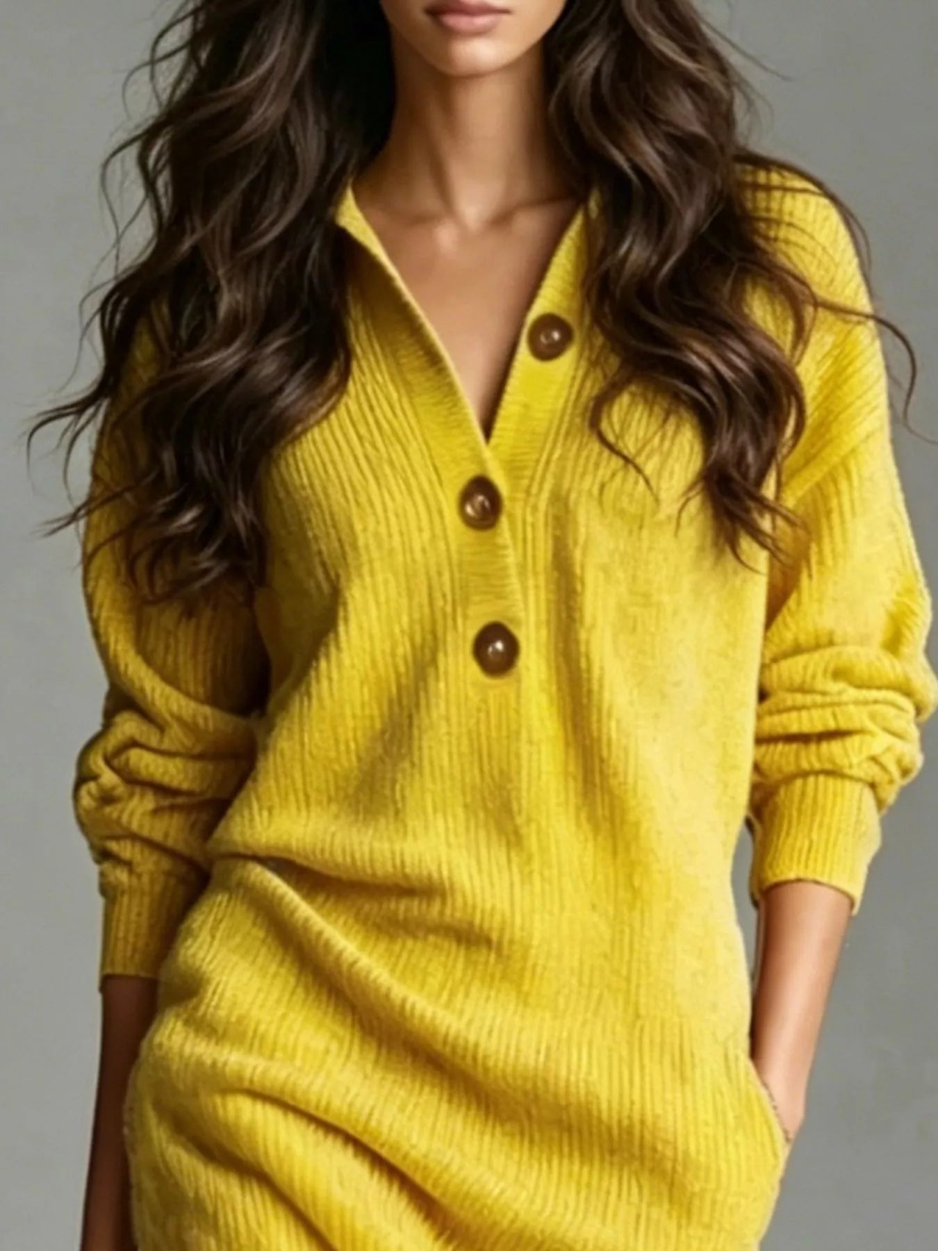 Long-sleeve ribbed knit midi dress with V-neck, half-button front, and side pockets