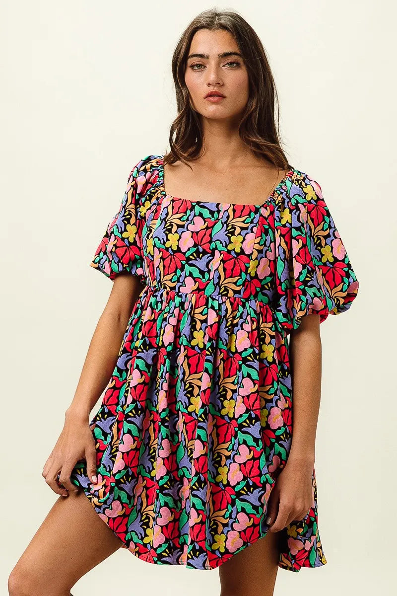 Floral Print Ruffled Hem Dress - Cutout & Tied.