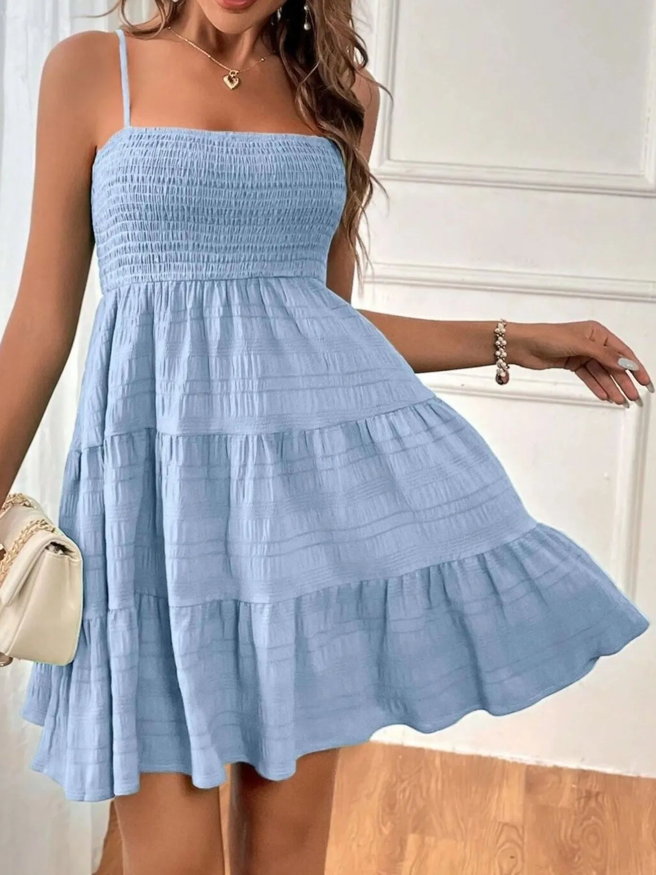 Smocked V-Neck Balloon Sleeve Dress - Decorative Button.