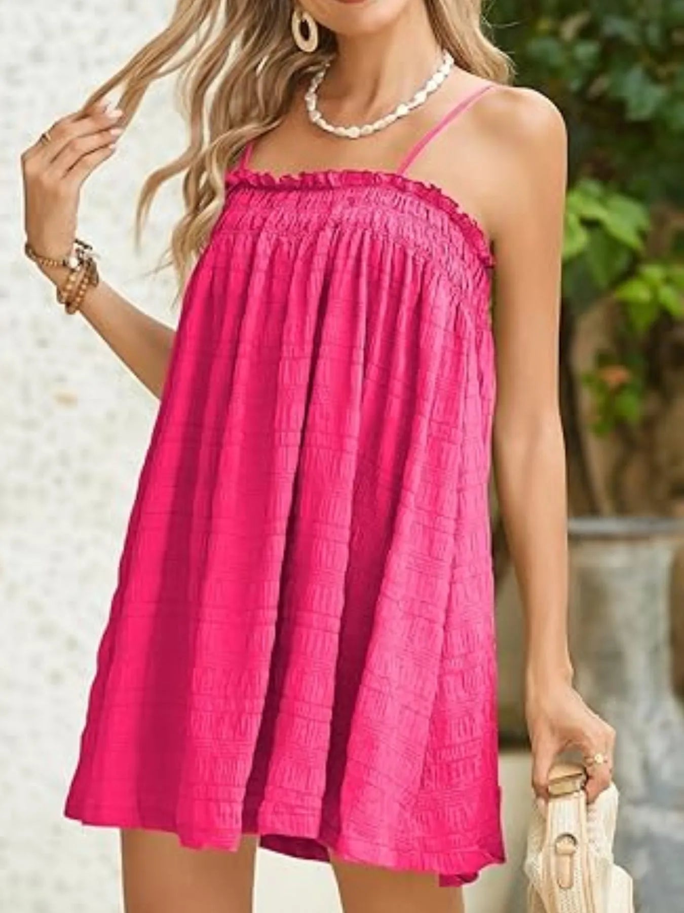 Frill Tiered Tie Shoulder Mini Dress - Lined.