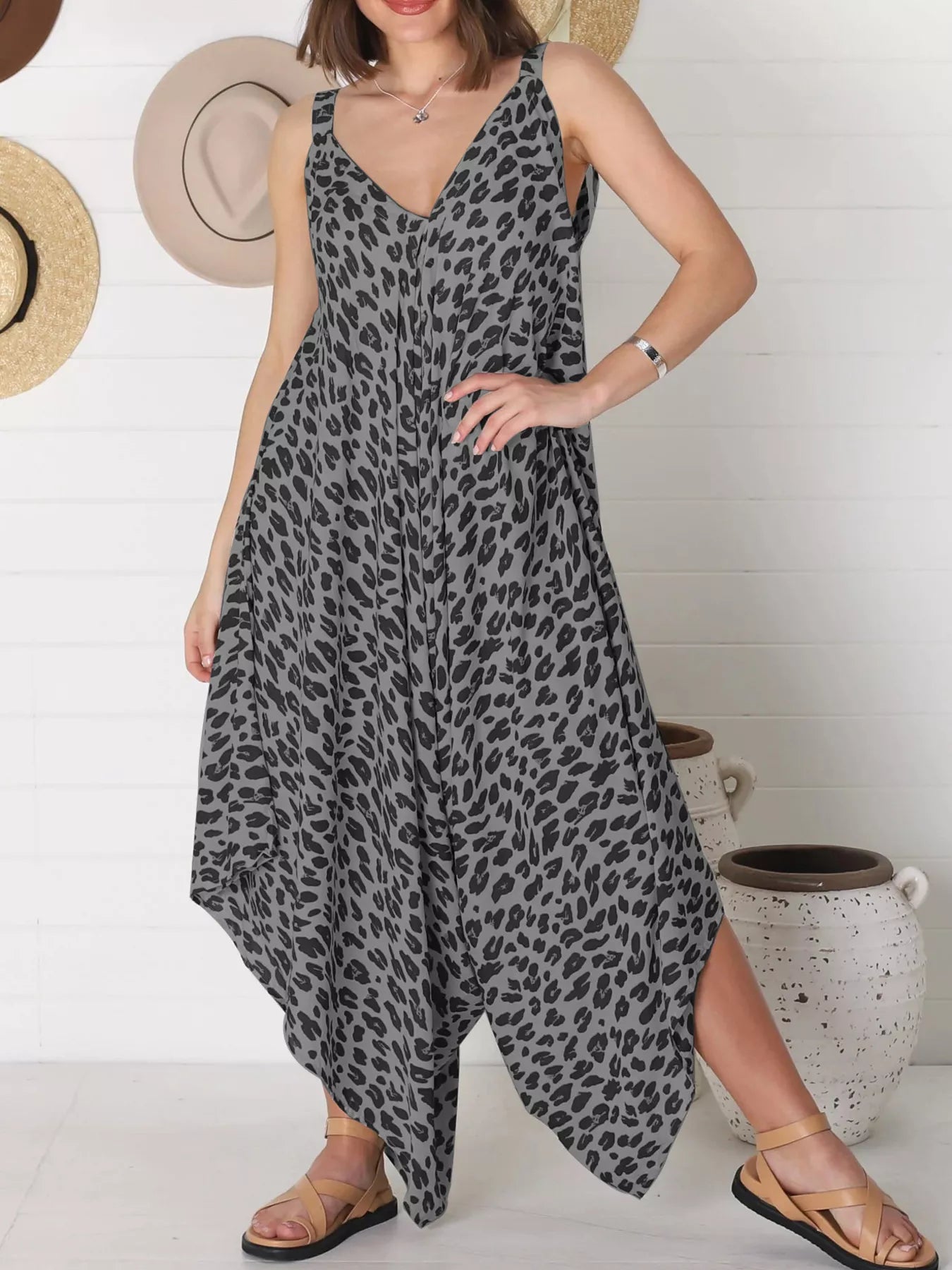 Plus Size Leopard Print V-Neck Wide Leg Jumpsuit with Tie.