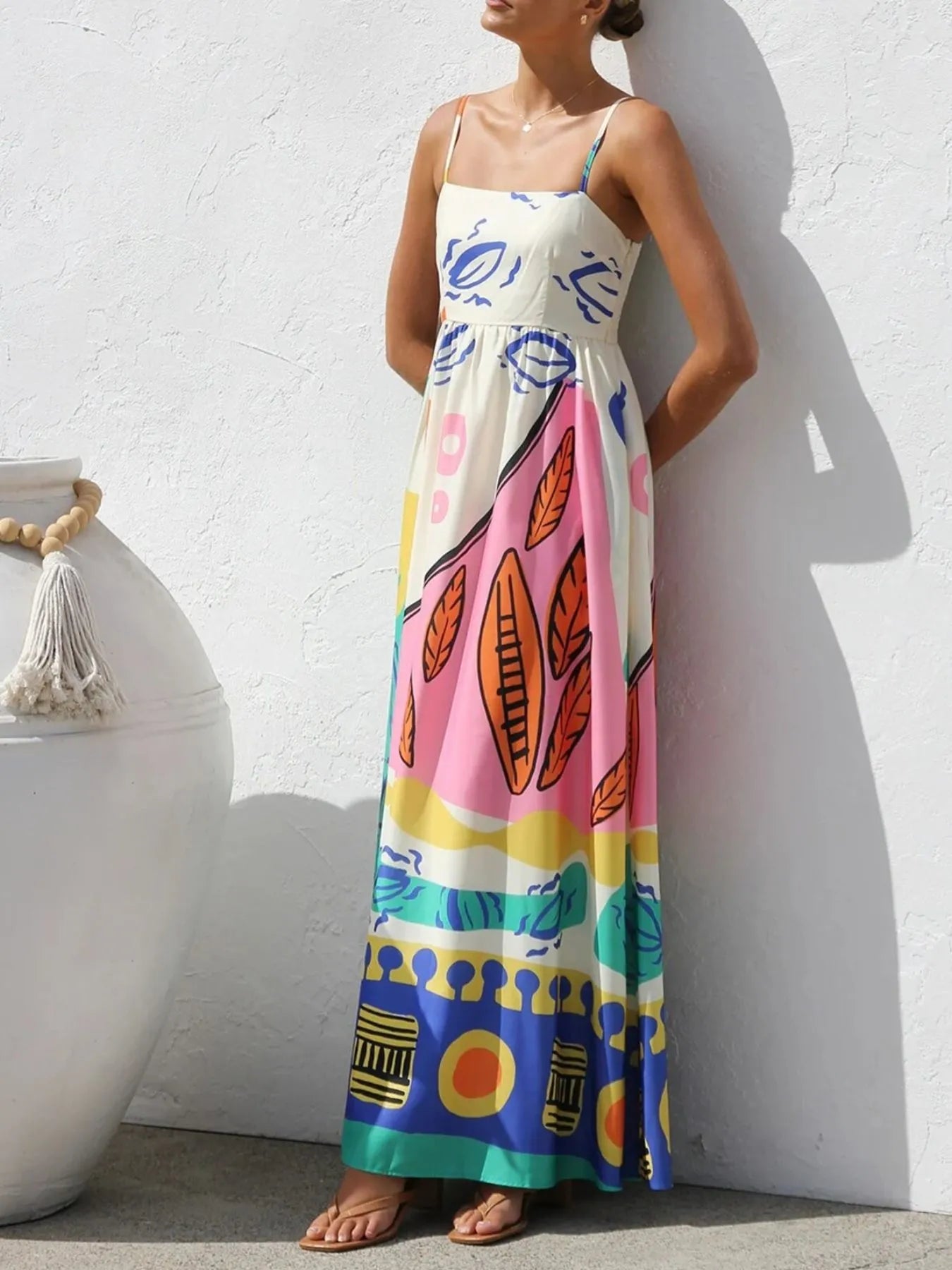 Printed Square Neck Maxi Cami Dress - Tiered.