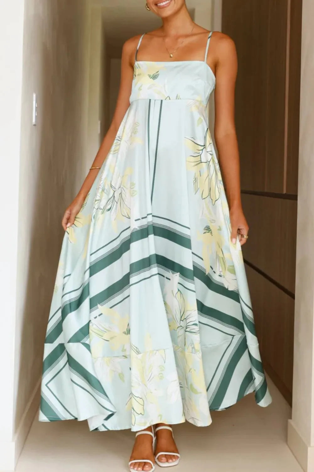 Printed Square Neck Maxi Cami Dress - Basic.