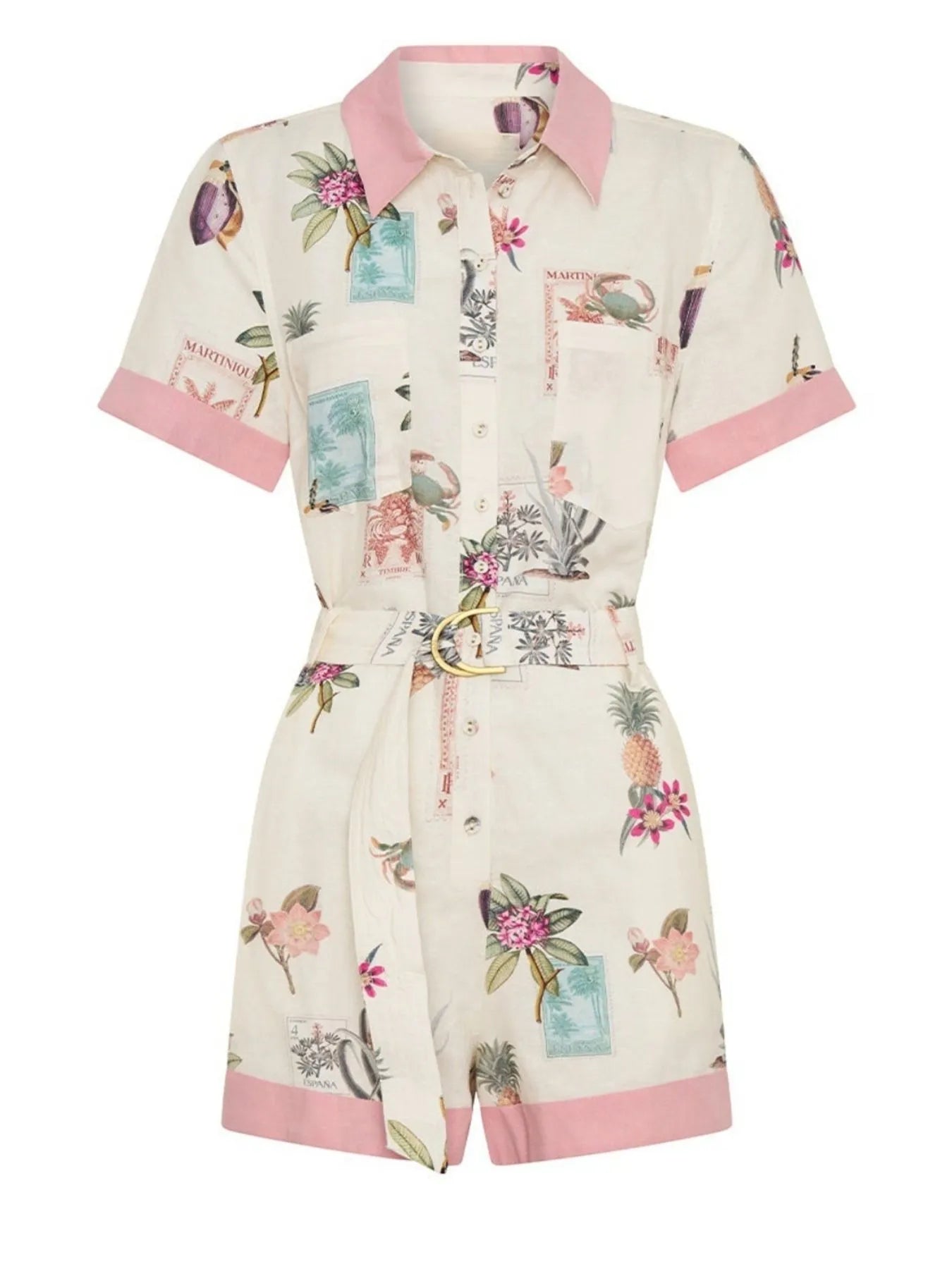 Printed Short Sleeve Romper with Belt and Pockets.