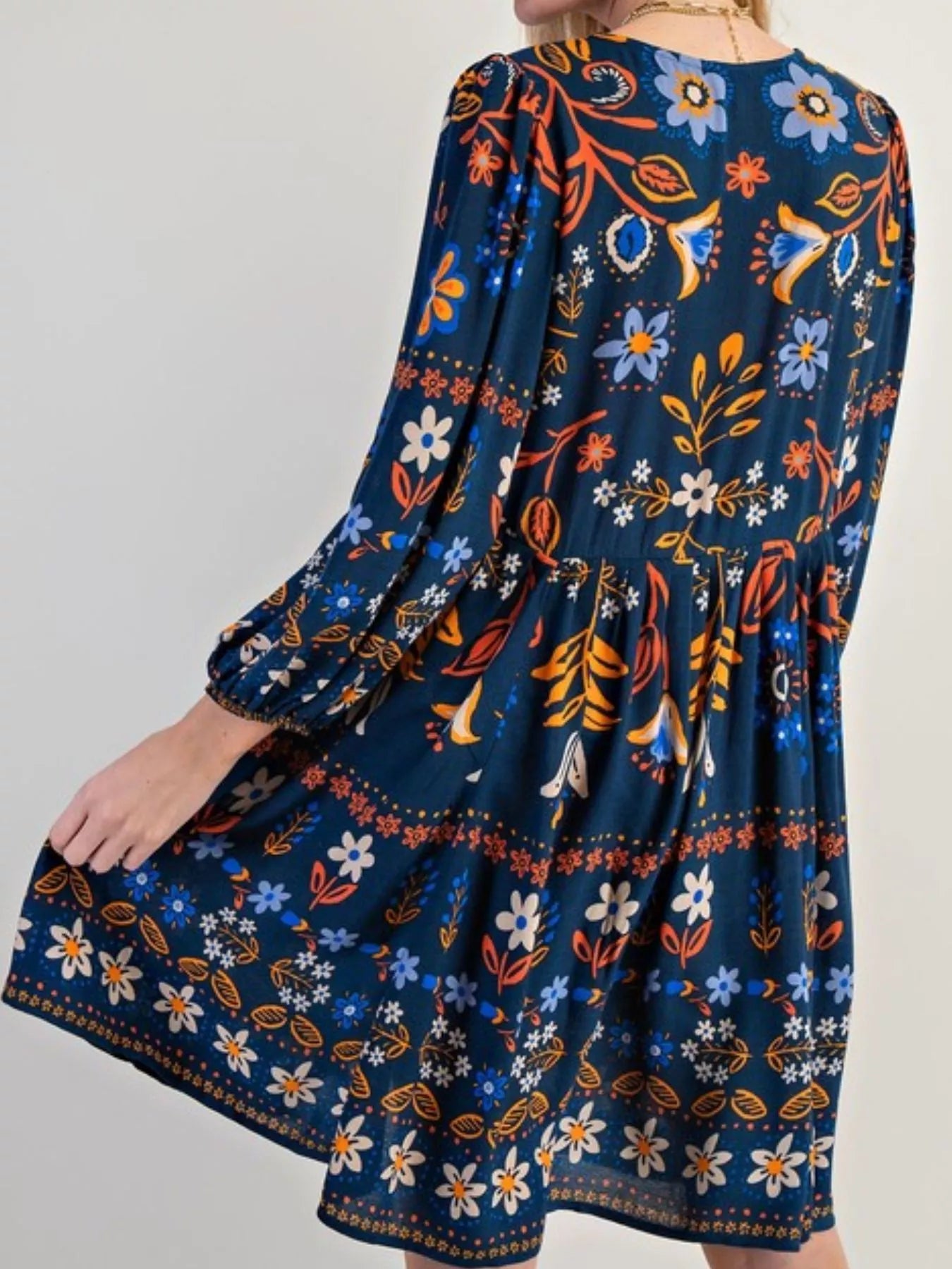 Bohemian Floral Print Long Sleeve Mini Dress with Pockets.