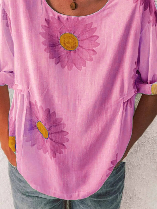Flower Round Neck Half Sleeve T-Shirt Plus Size