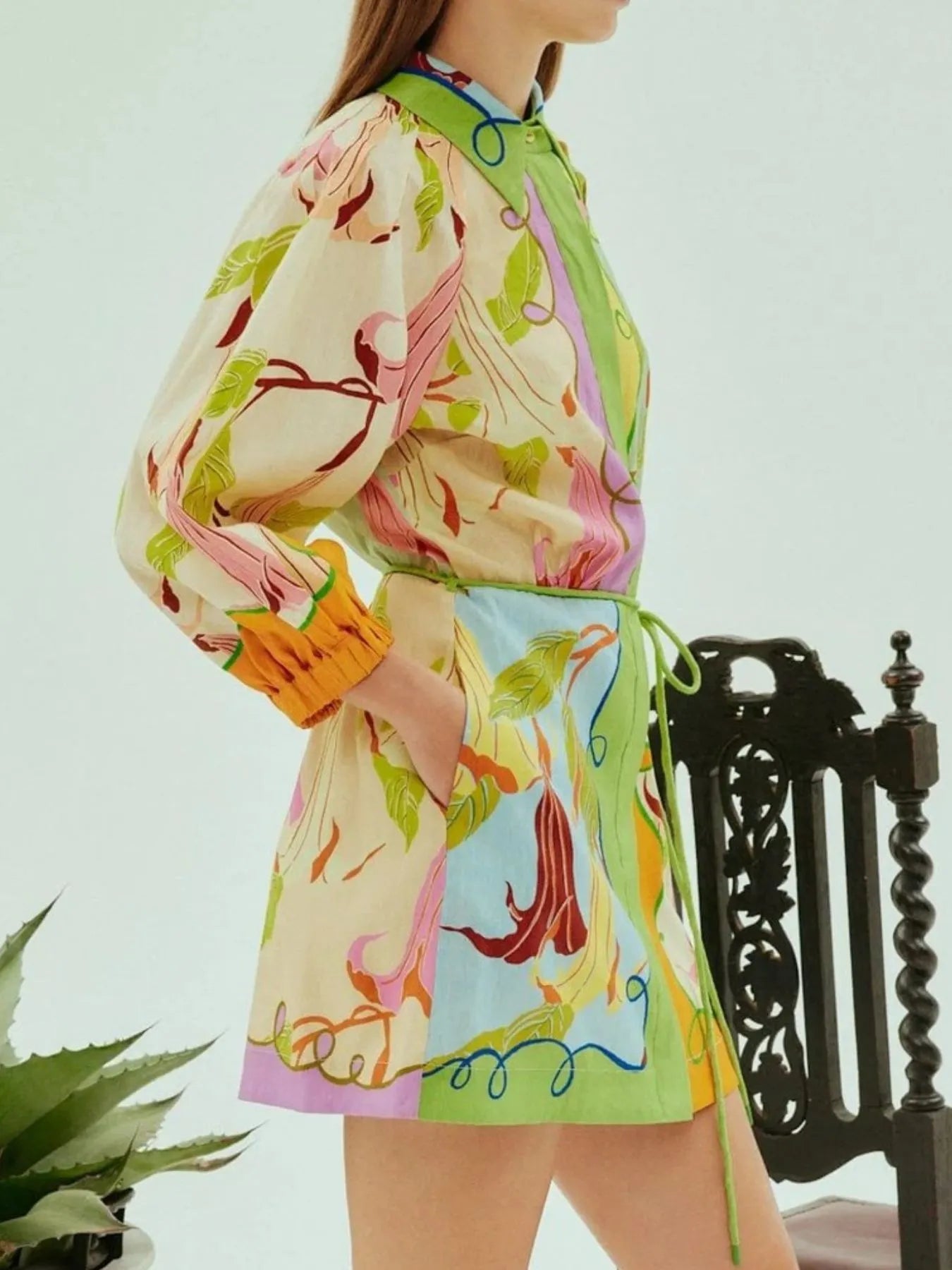 Abstract Print Tie Front Mini Shirt Dress with Pockets.