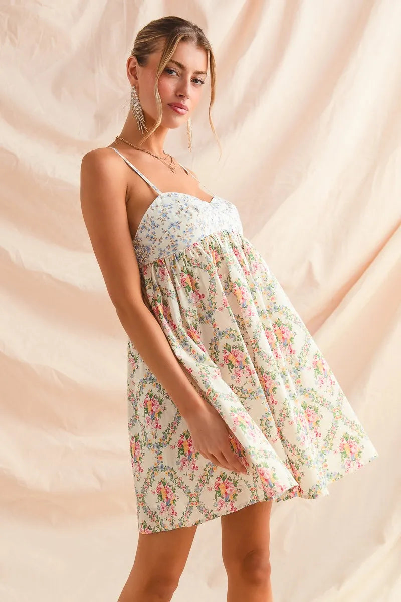 Multi Floral Square Neck Puff Sleeve Maxi Dress with Pockets.