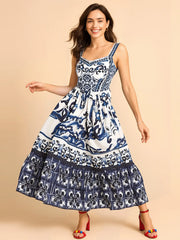 Printed Tie Neck Balloon Sleeve Dress.