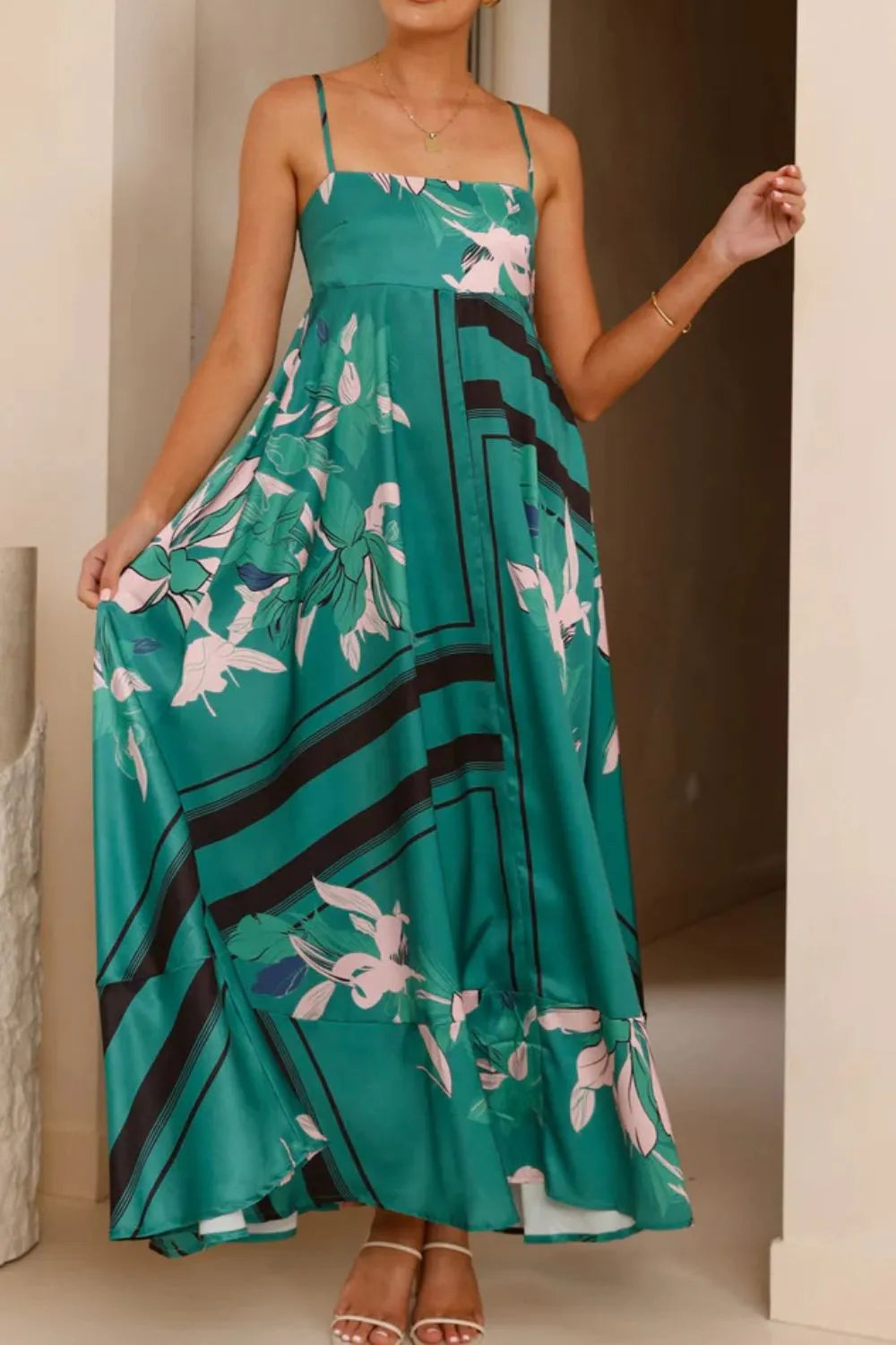 Printed Square Neck Maxi Cami Dress - Basic.