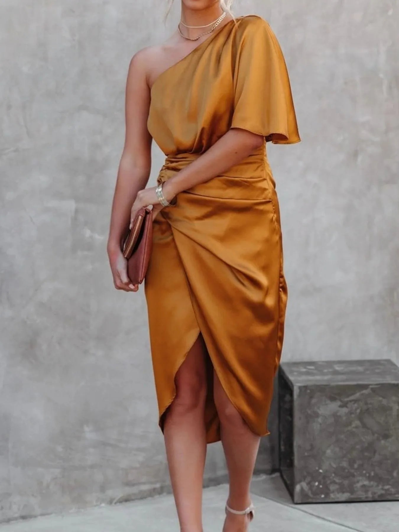One-Shoulder Wrap Dress with Bow Detail - Belted.