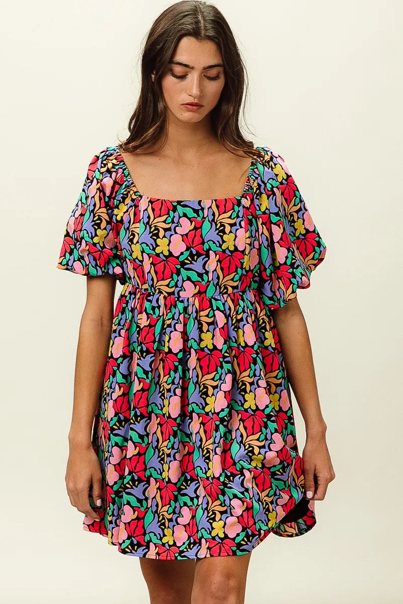 Floral Print Ruffled Hem Dress - Cutout & Tied.
