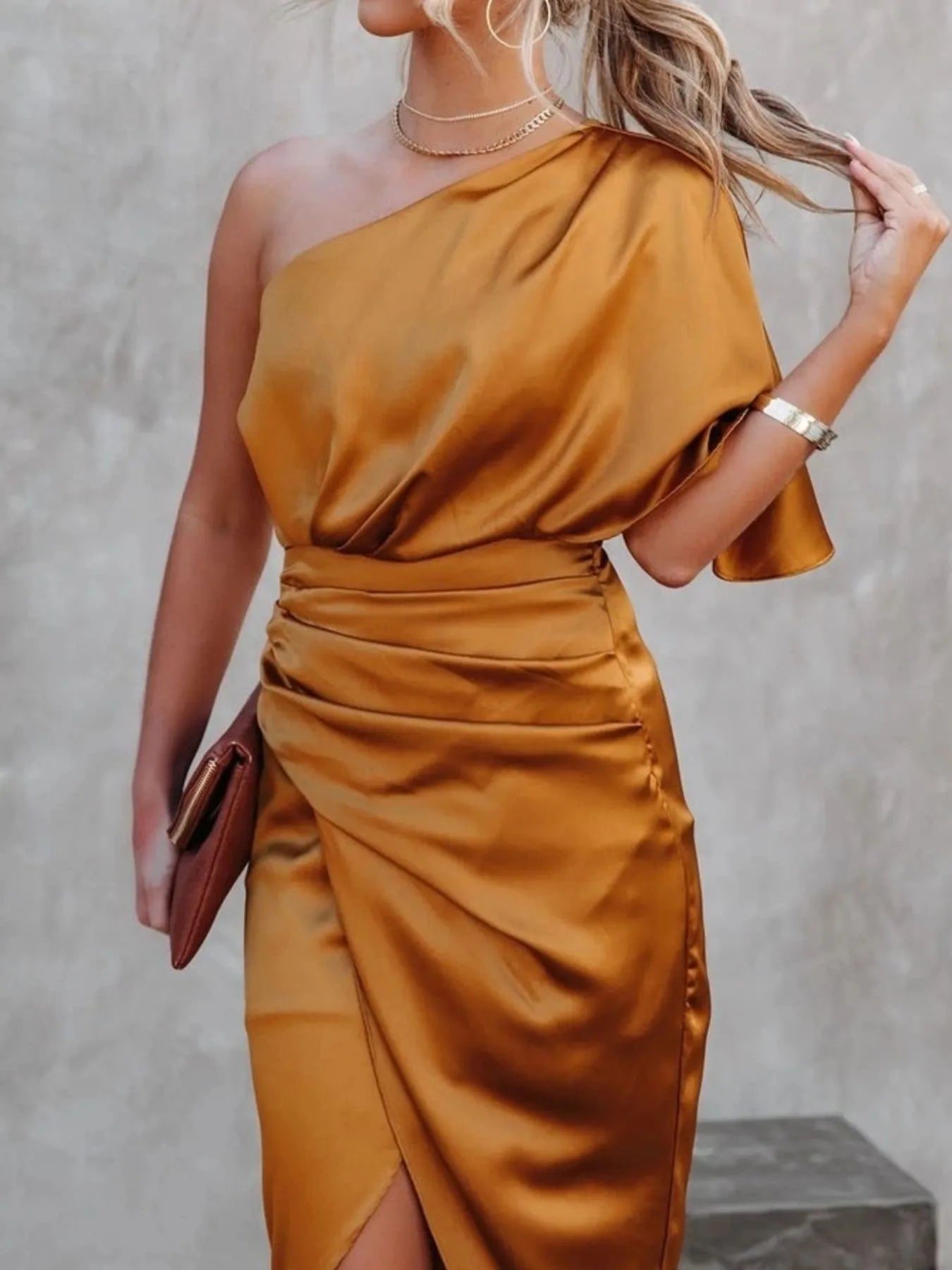 One-Shoulder Wrap Dress with Bow Detail - Belted.
