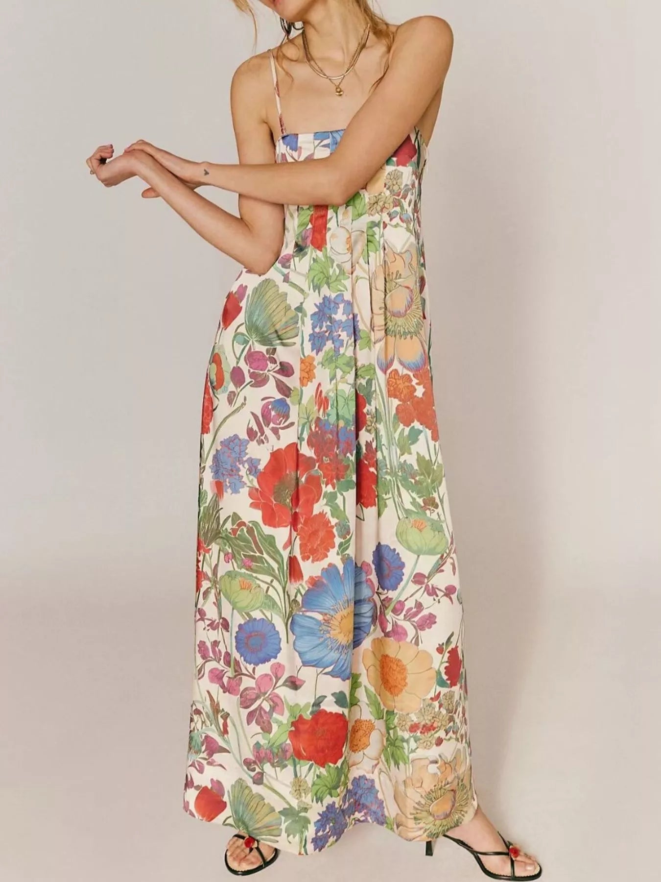 Floral Print Smocked Midi Dress with Front Slit - Ruffled & Tied.