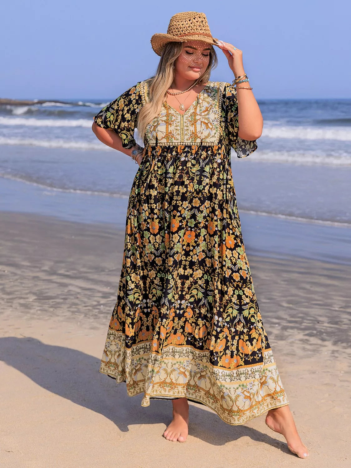 Plus Size Boho Ruffled Maxi Dress with Flutter Sleeves - Basic.