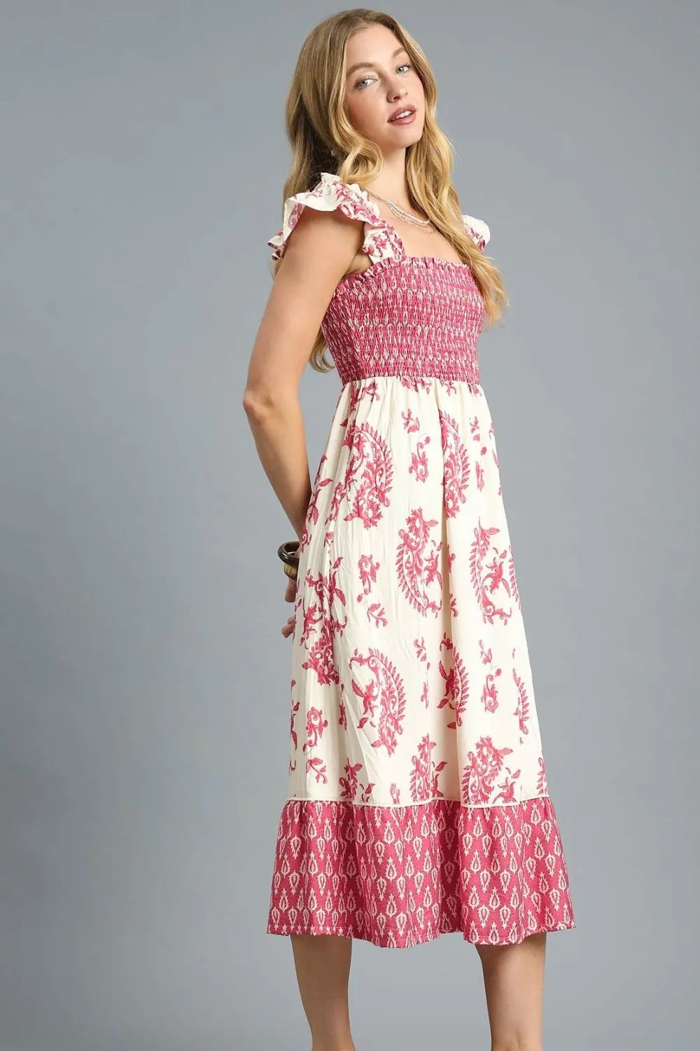 Umgee Printed Smocked Waist Flounce Sleeve Midi Dress - Ruffled.