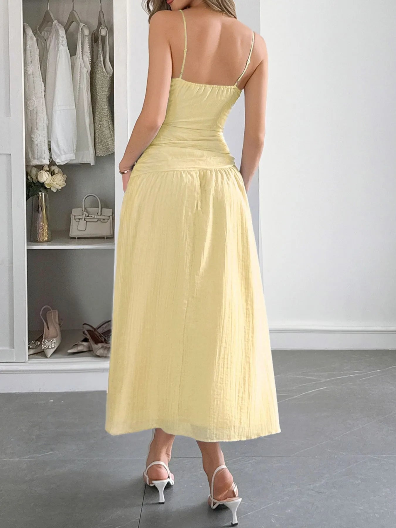 Cutout V-Neck Sleeveless Midi Dress - Ruched.