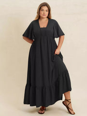 Plus Size Button Up Printed Short Sleeve Maxi Dress with Slit.