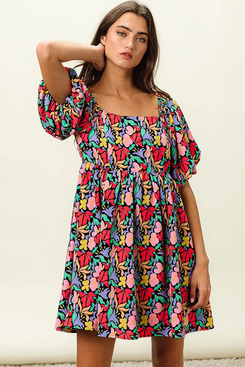 Floral Print Ruffled Hem Dress - Cutout & Tied.