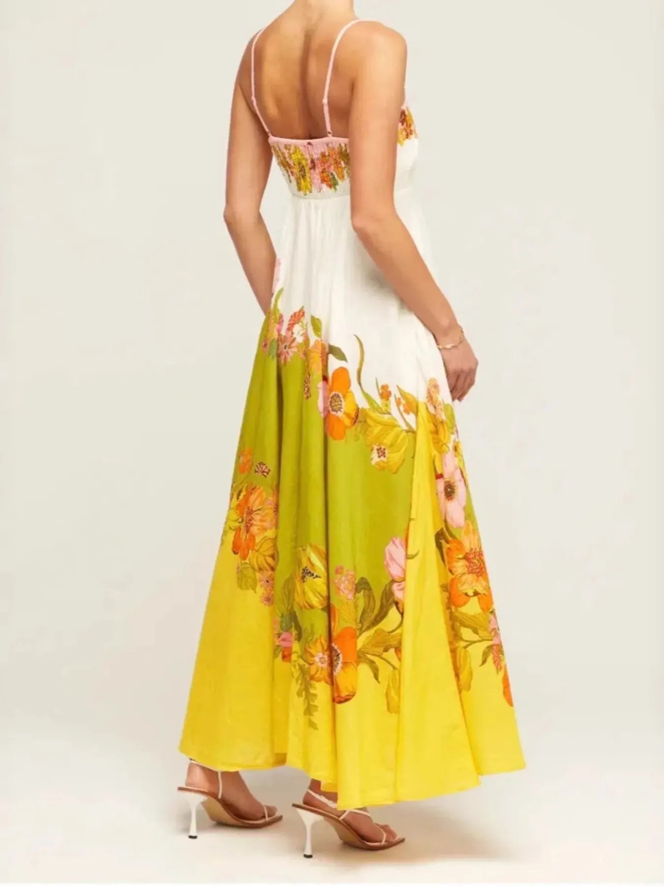 Tropical Print Backless Maxi Sleeveless Dress - Tied.