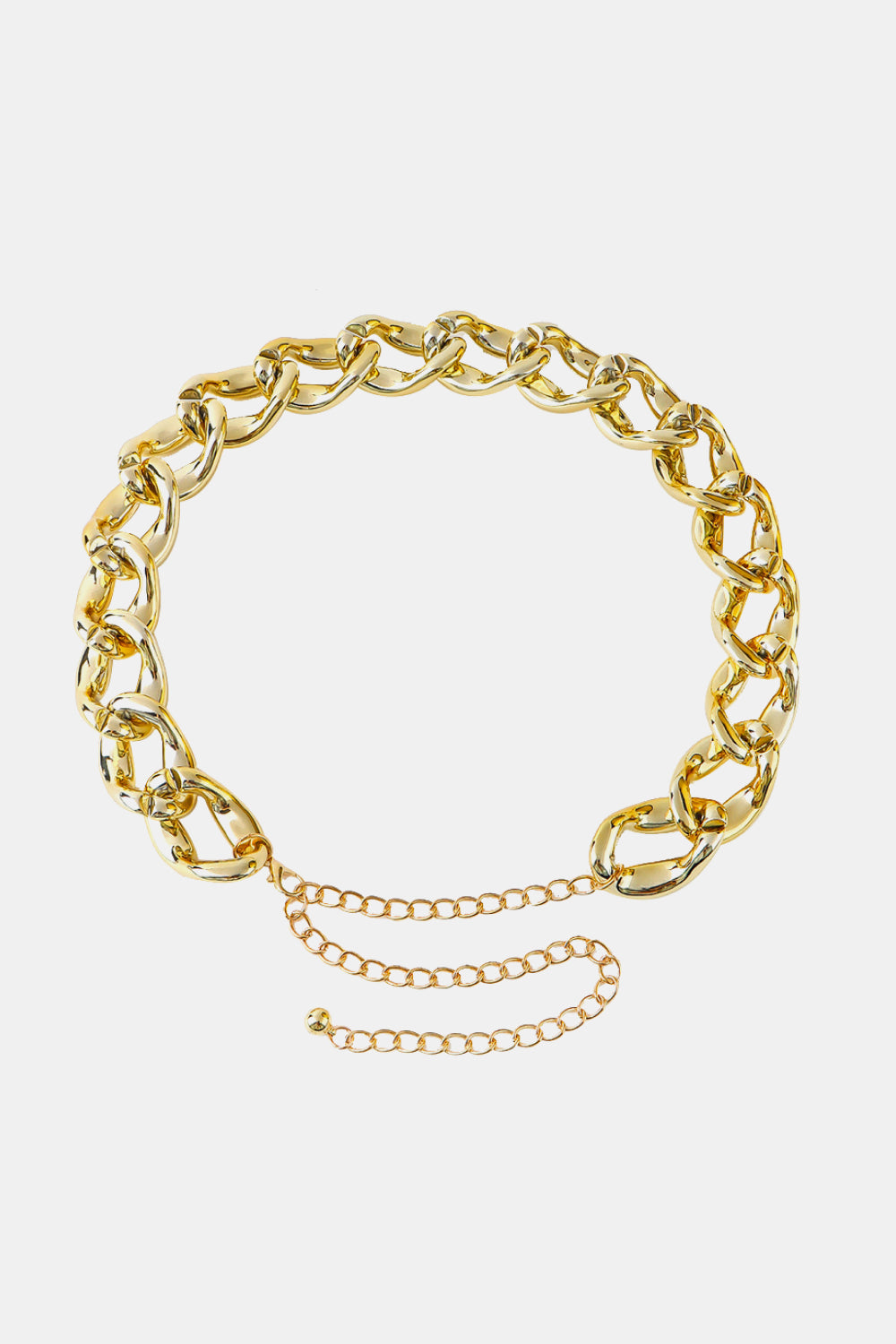 Gold-tone acrylic curb chain belt featuring bold interlocking links, a 1.2-inch width, and a draped chain extension for adjustable waist or hip styling.