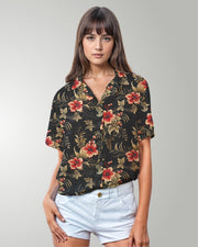Womens Hawaiian Shirt - Midnight Hibiscus