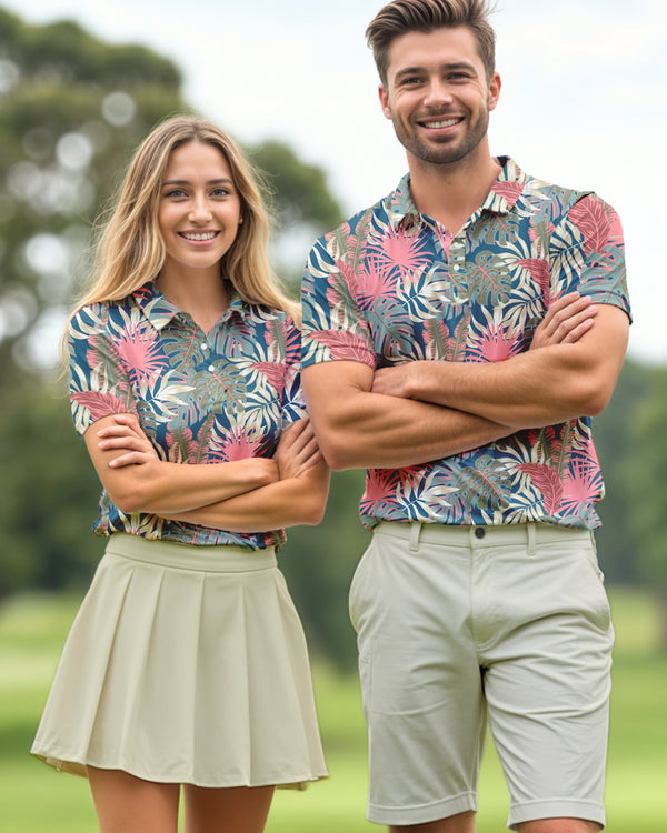 Family & Couples Matching Golf Polos - Blue Multi Tropical Floral