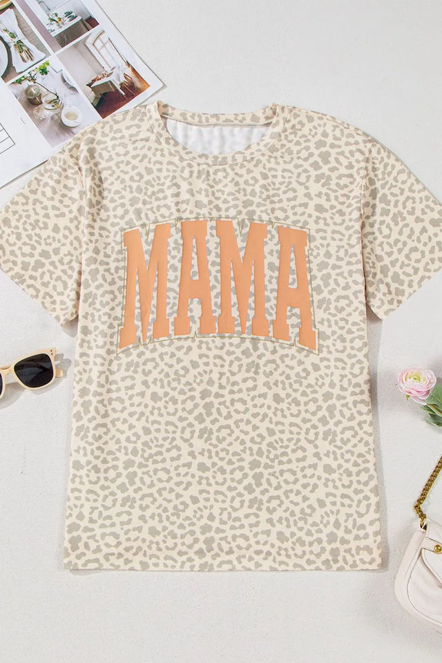 MAMA Letter Graphic Leopard Round Neck T-Shirt