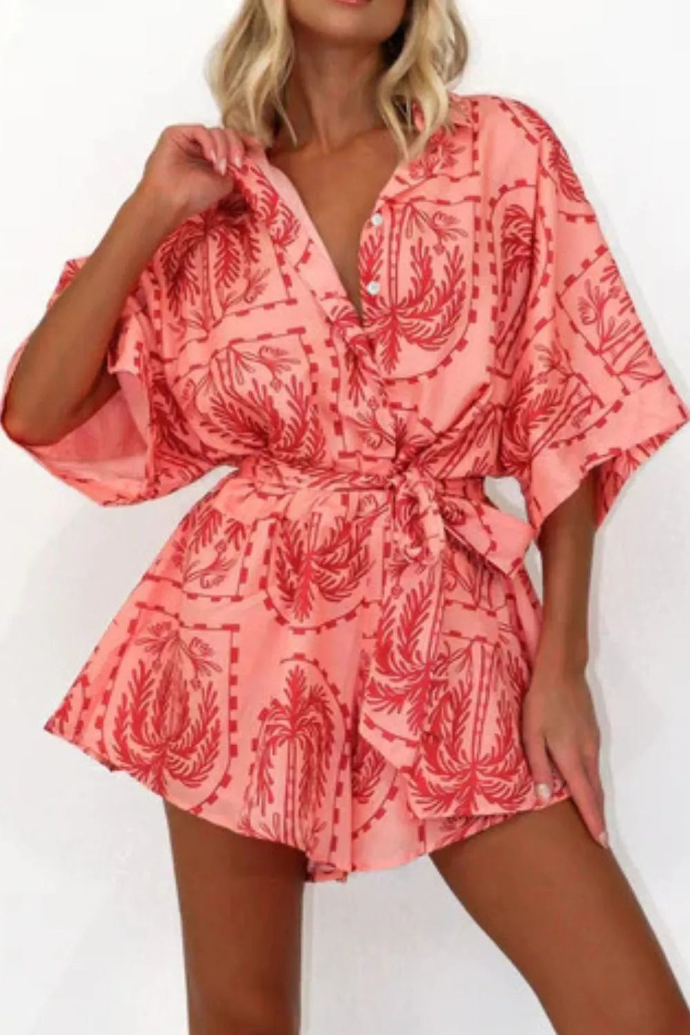 Printed Tie Waist Romper with Buttons.