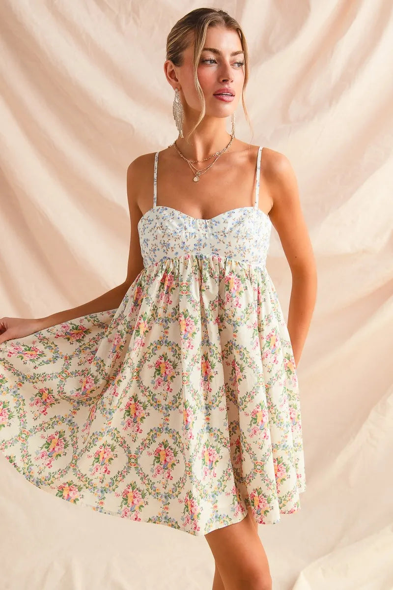 Multi Floral Square Neck Puff Sleeve Maxi Dress with Pockets.