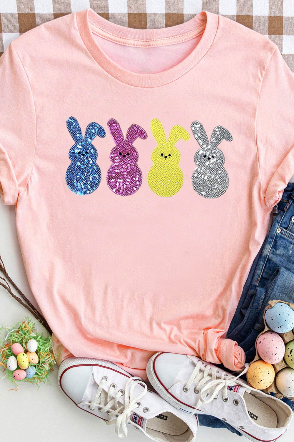 Sequin Bunny Round Neck Short Sleeve T-Shirt