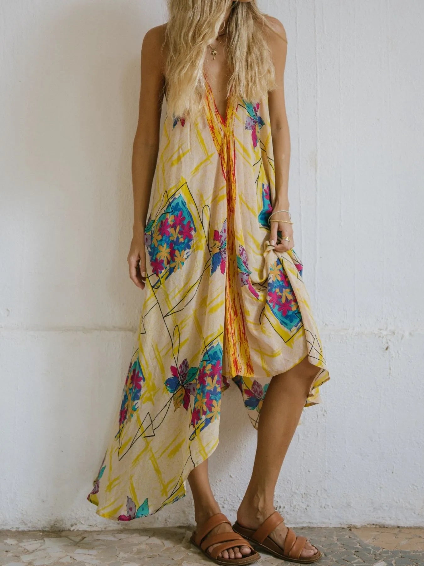 Backless Printed Halter Neck Maxi Dress - Tied.