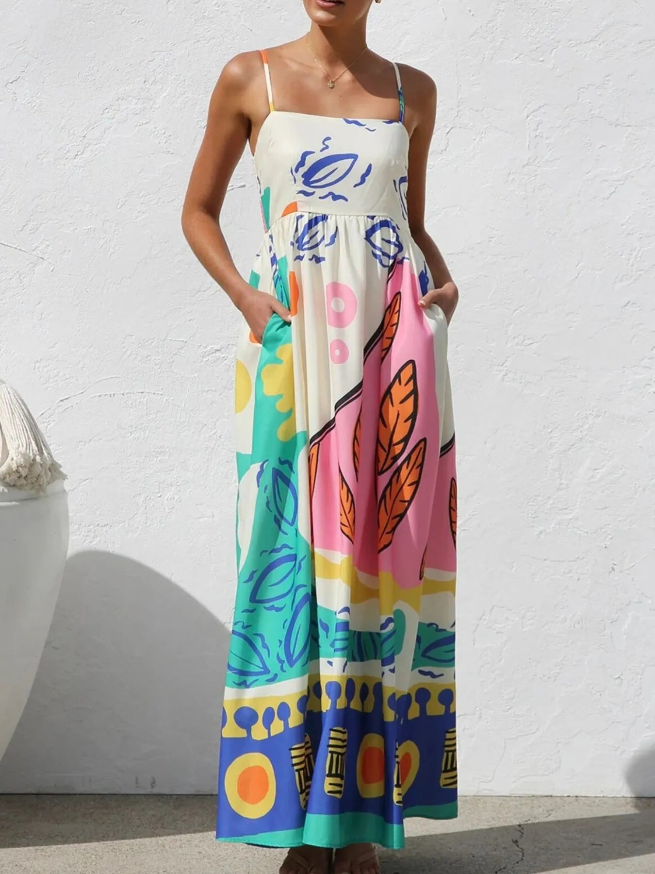Printed Square Neck Maxi Cami Dress - Tiered.
