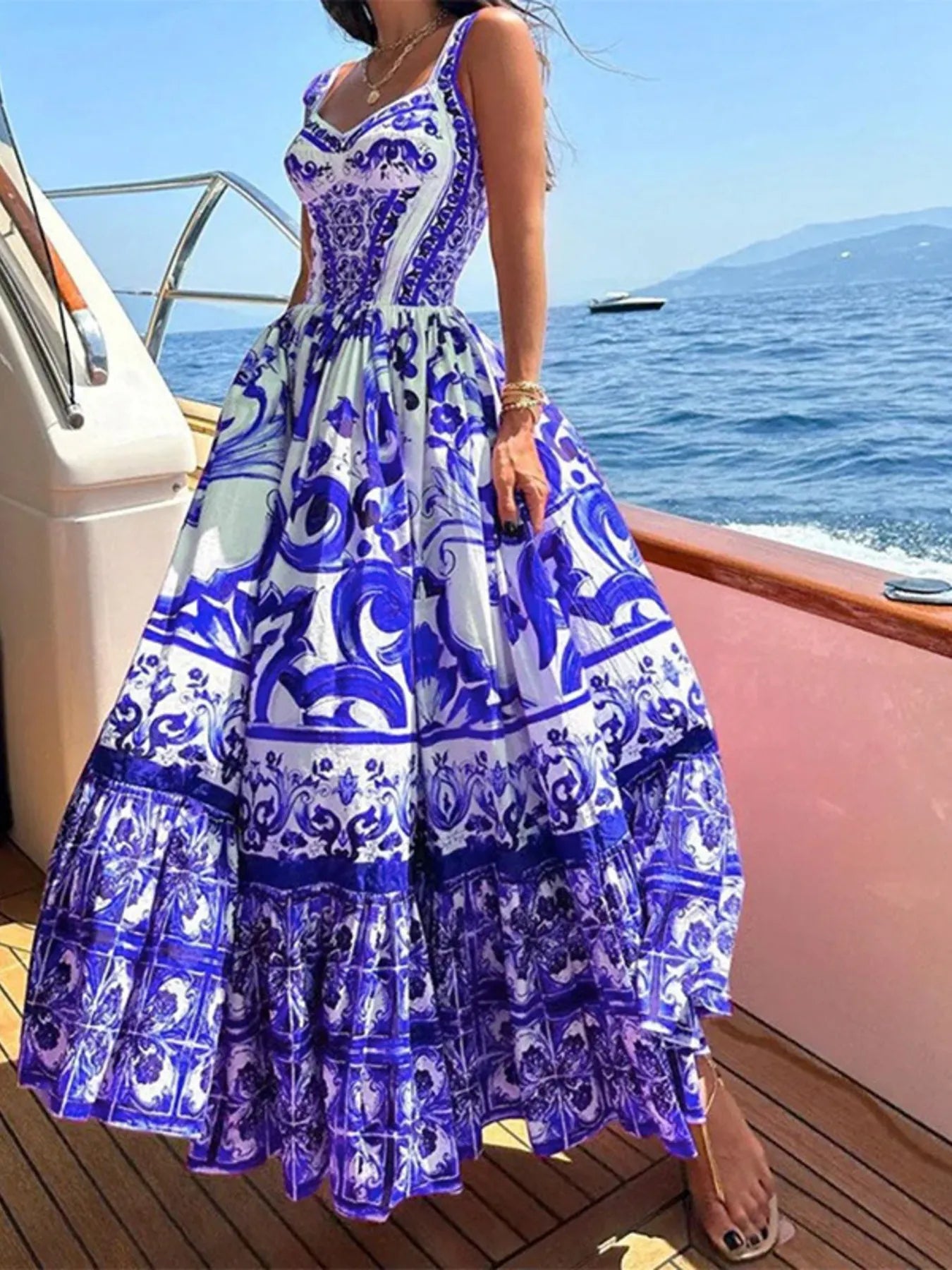 Printed Tie Neck Balloon Sleeve Dress.