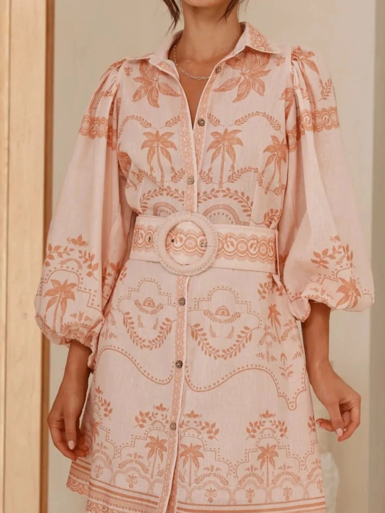 Printed Button Up Maxi Shirt Dress with Belt and Pockets.