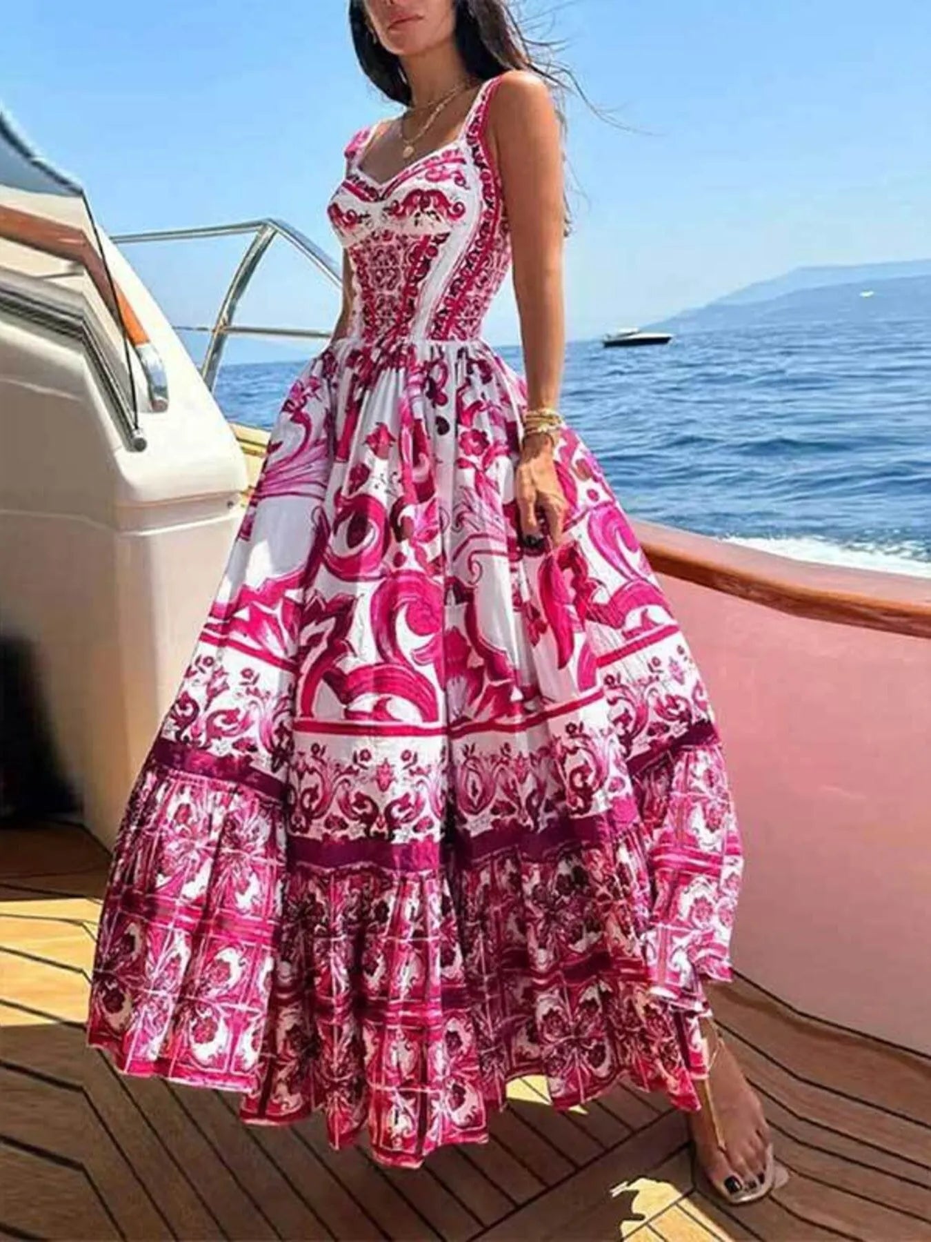 Printed Tie Neck Balloon Sleeve Dress.