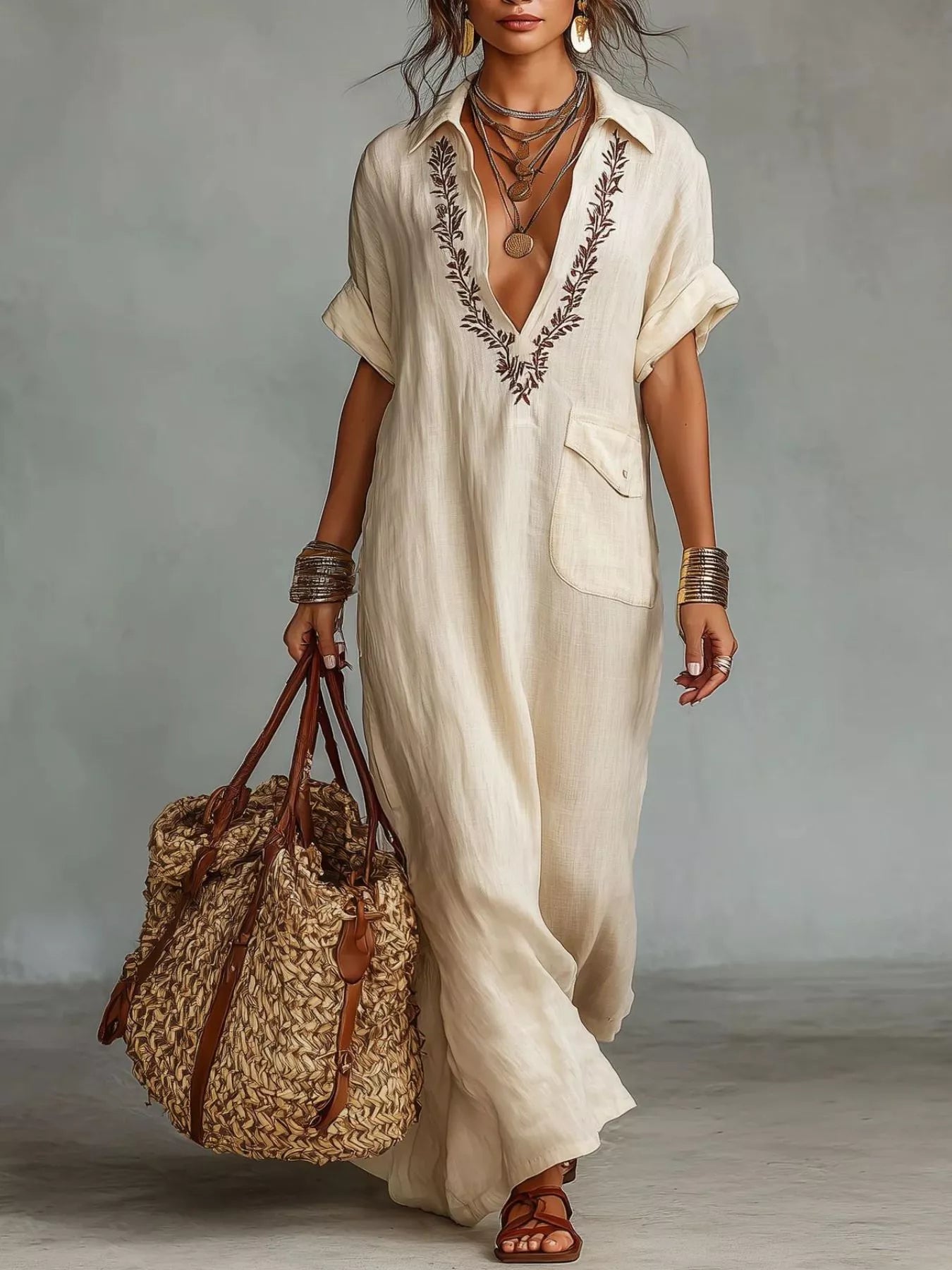 Bohemian embroidered maxi dress with short sleeves and V-neck, shown in apricot, black, blue, green and yellow