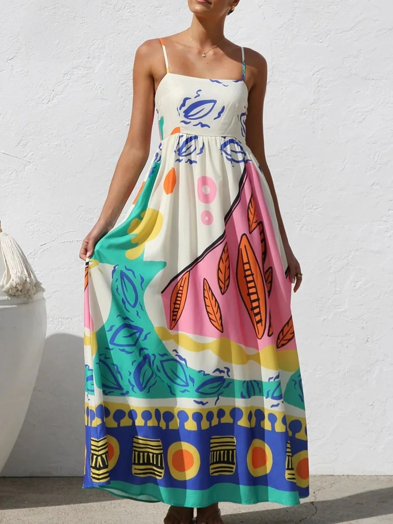Printed Square Neck Maxi Cami Dress - Tiered.