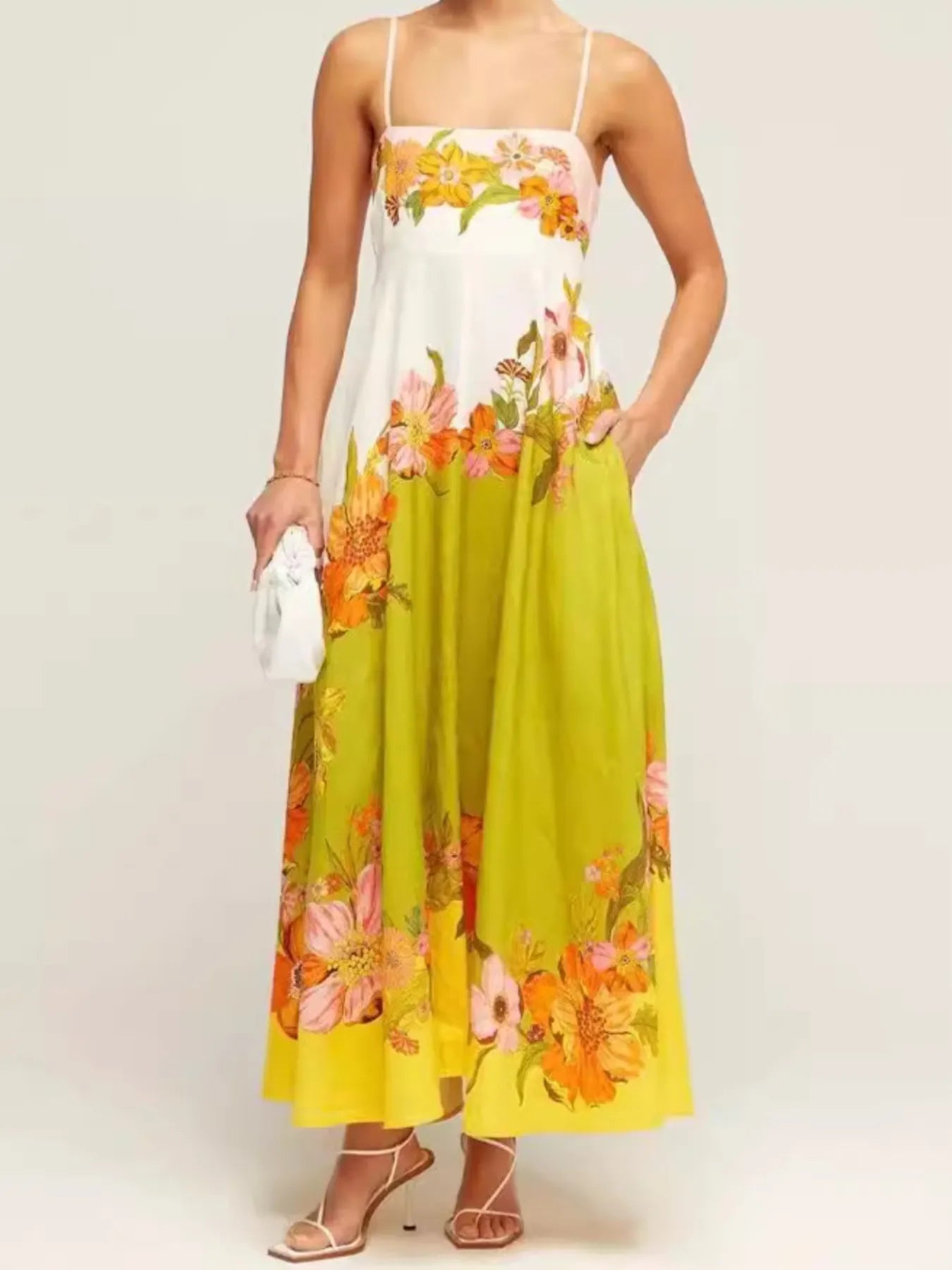 Tropical Print Backless Maxi Sleeveless Dress - Tied.