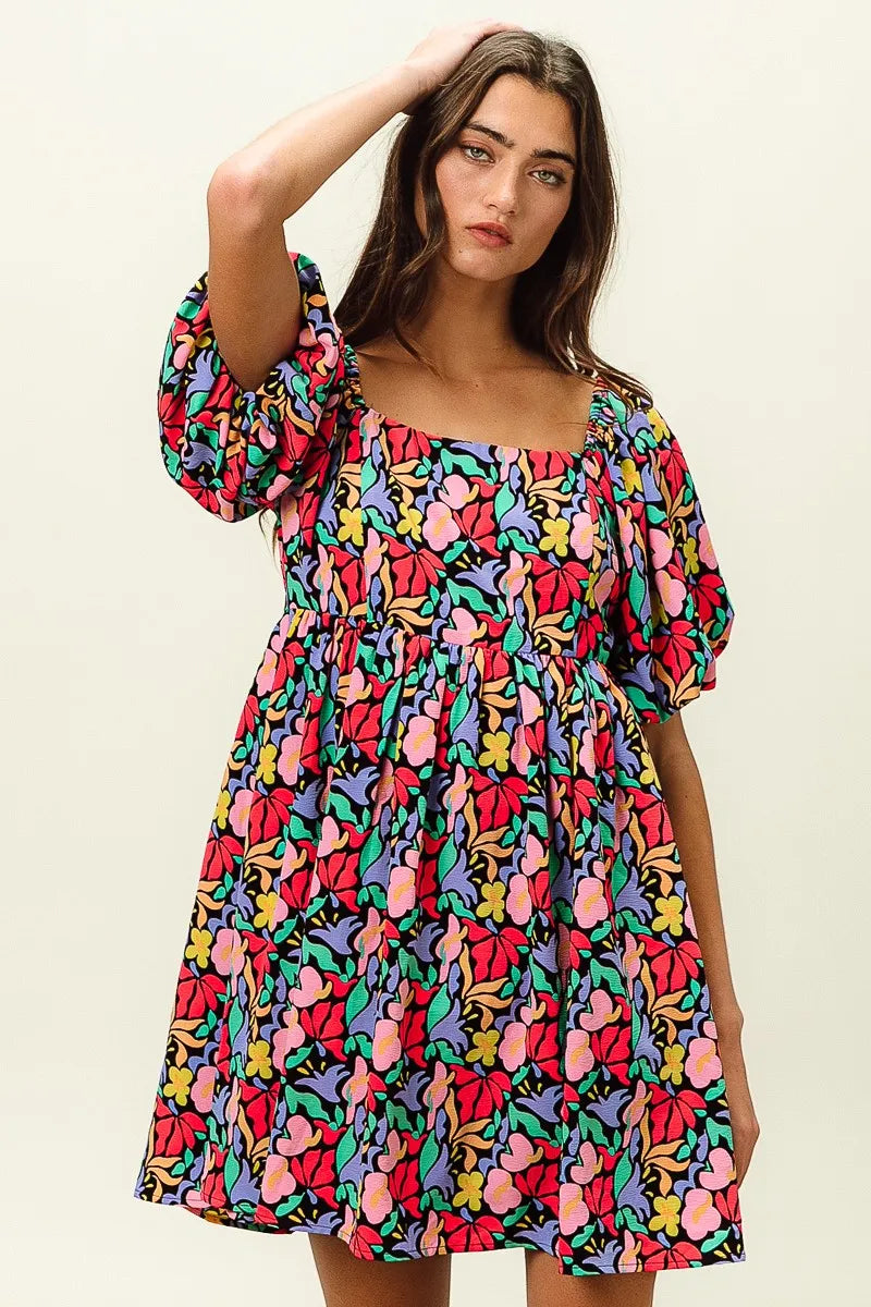 Floral Print Ruffled Hem Dress - Cutout & Tied.