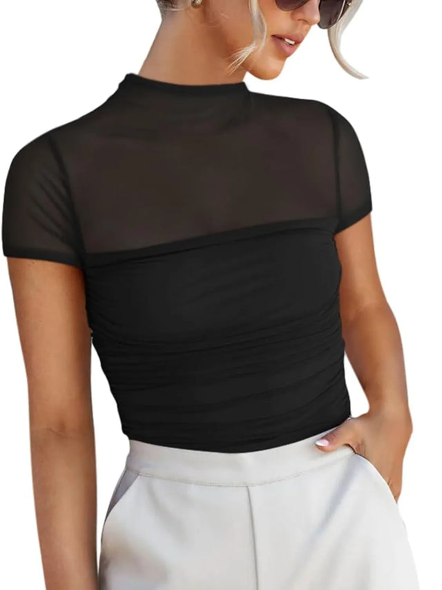 Mesh Mock Neck Short Sleeve T-Shirt