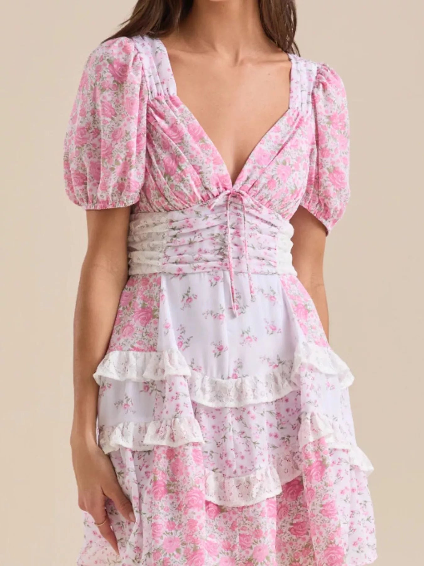 Floral Puff Sleeve V-Neck Mini Dress - Embroidered.