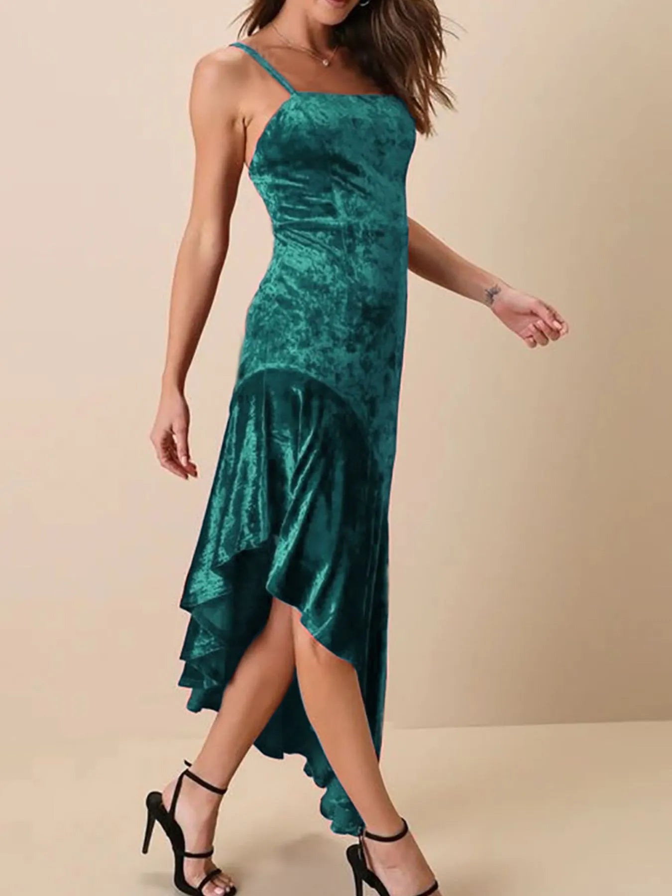 Asymmetrical Velvet Cami Dress with Ruffle Hem and Slit.